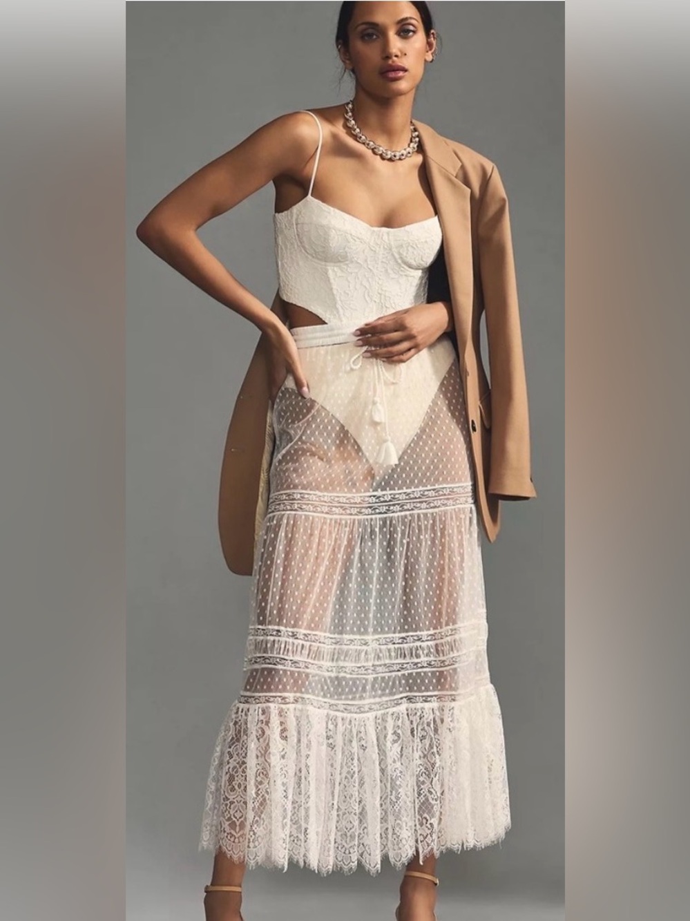 Anthropologie Sheer Lace Maxi Ivory Skirt Size XSP NWT
